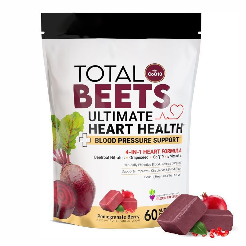Total Beets Heart Health Chews with CoQ10, 4-in-1 Beetroot Nitrate Formula, Pomegranate Berry Flavor 60 Servings, Blood Pressure & Circulation Support Supplement