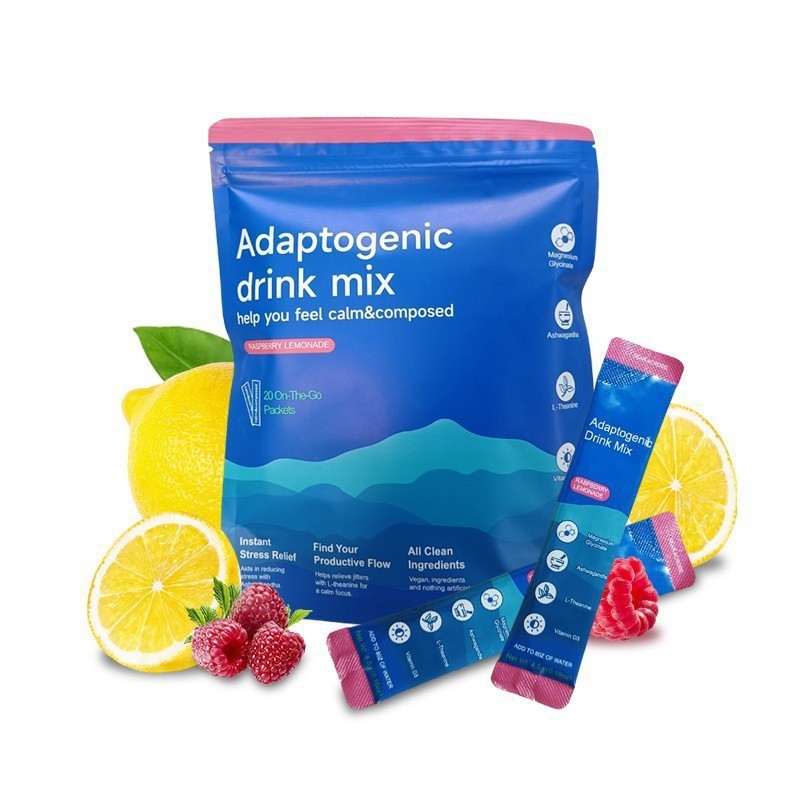Adaptogenic Stress Relief Drink Mix, Raspberry Lemonade Flavor, 20 On-The-Go Single Packets, L-Theanine & Magnesium Glycinate Calm Focus Supplement, Vegan Clean Ingredients