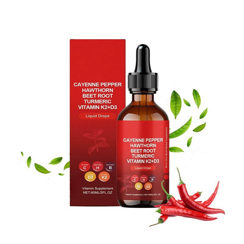 Cayenne Pepper Complex Liquid Drops 60ml, Hawthorn, Beet Root, Turmeric with Vitamin K2 & D3, All-in-One Herbal Heart & Circulation Support Vitamin Supplement