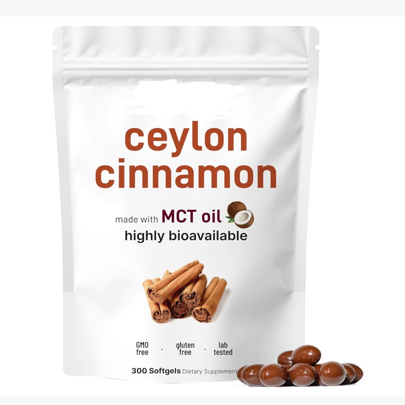 Ceylon Cinnamon Softgels with MCT Oil, Highly Bioavailable Cinnamon Supplement, GMO Free Gluten Free Lab Tested 300 Softgels Dietary Supplement
