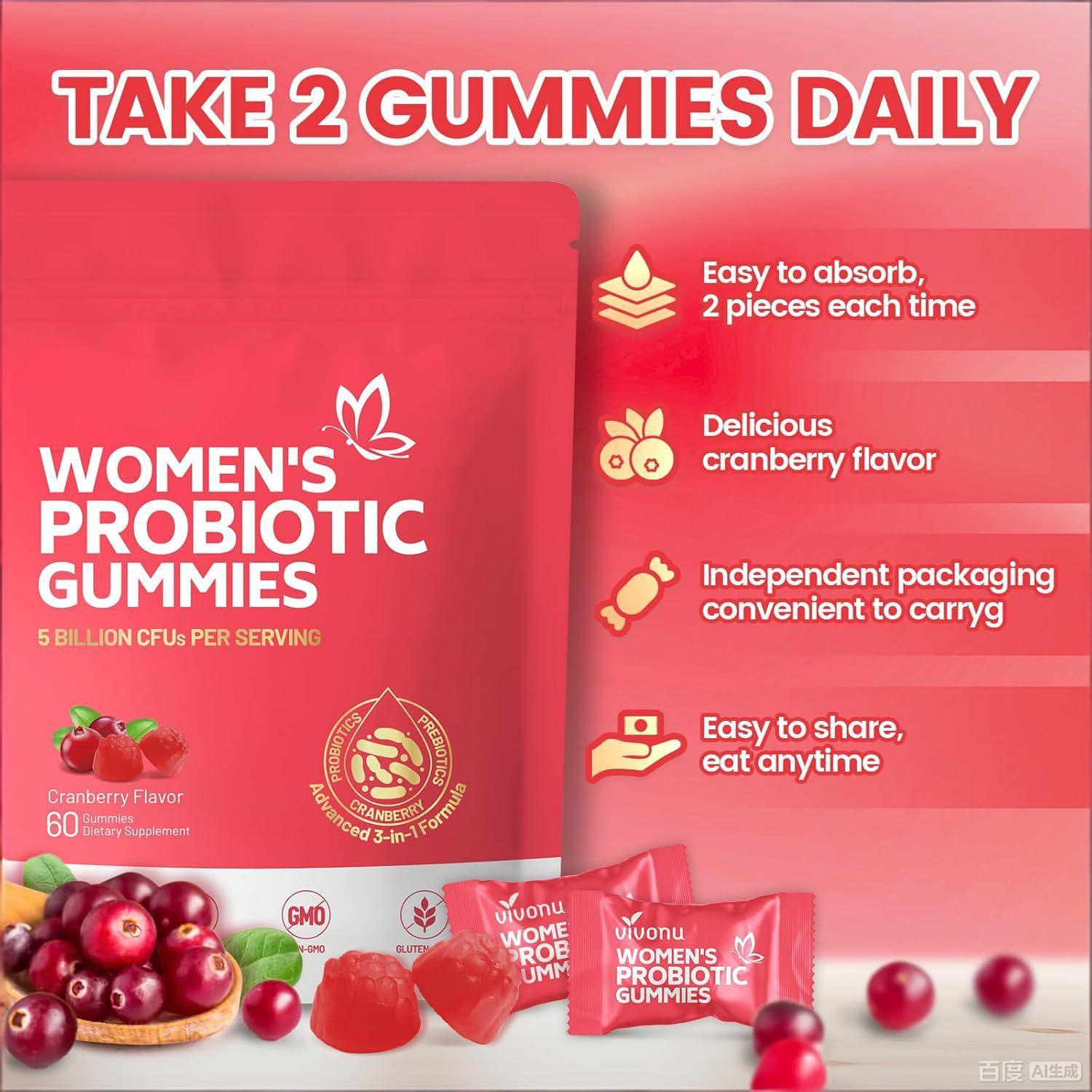 Women's Probiotic Gummies, Cranberry Flavor, 5 Billion CFU, 60 Count, Sugar-Free Vegan 3-in-1 Feminine Supplement