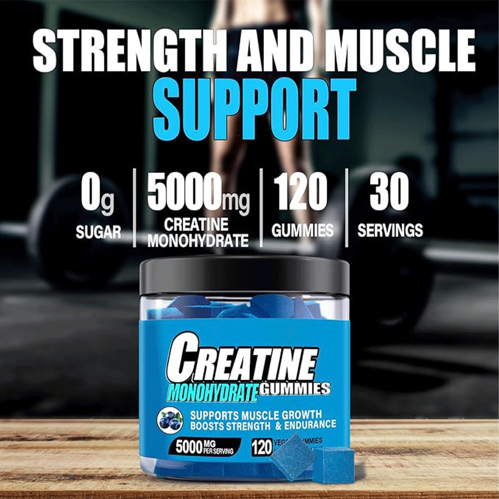 Creatine Monohydrate Gummies 5000mg Per Serving, Zero Sugar Blueberry Flavor, 120 Count Muscle Strength & Endurance Supplement