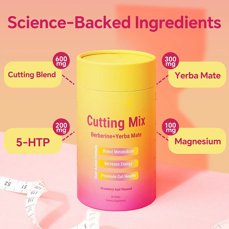 Cutting Mix Drink Sticks with Berberine & Yerba Mate, Strawberry Acai Flavor 30 Count Dual-Action Supplement, Boost Metabolism, Increase Energy & Support Gut Health