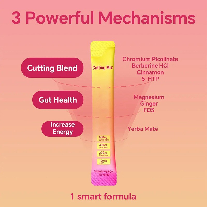 Cutting Mix Drink Sticks with Berberine & Yerba Mate, Strawberry Acai Flavor 30 Count Dual-Action Supplement, Boost Metabolism, Increase Energy & Support Gut Health