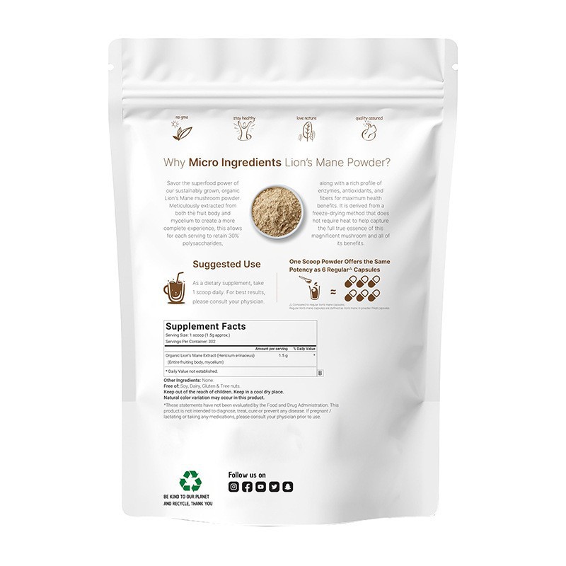 Organic Lion's Mane Mushroom Powder 1lb (454g), Natural Polysaccharides Brain Support Supplement, Non-GMO & Filler-Free Focus Memory Support Adaptogenic Mushroom Powder