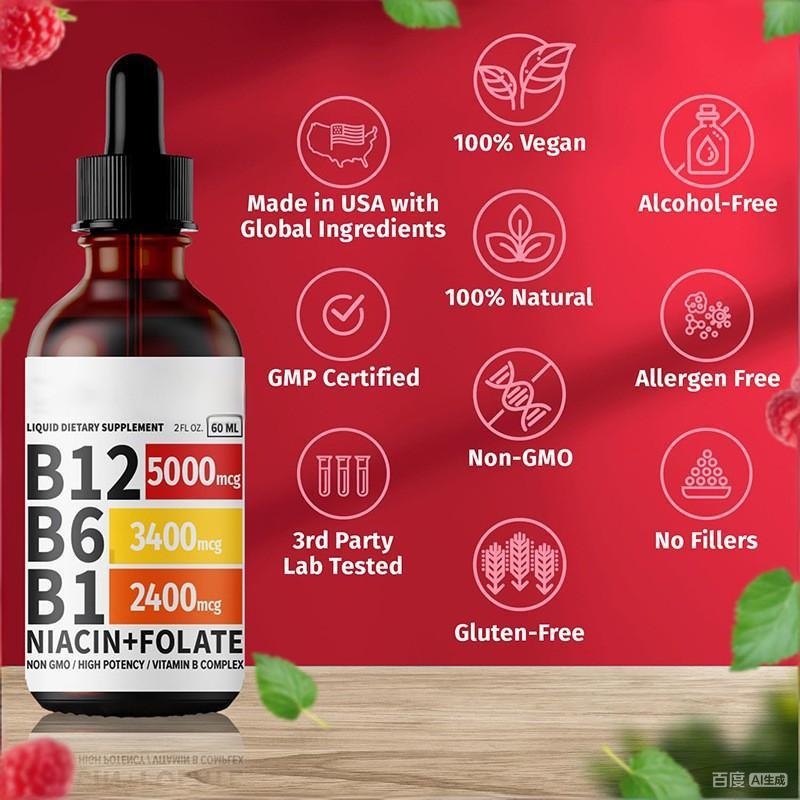 Liquid Vitamin B Complex Drops 60ml Raspberry Flavor, High Potency B12 B6 B1 Niacin Folate, Energy, Brain, Mood, Heart & Immune Support Liquid Dietary Supplement 2 Bottles