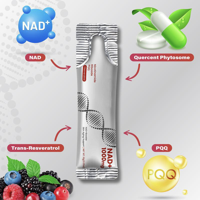 NAD+ 1000mg Powder Packets with Nicotinamide Riboside, PQQ & Resveratrol, Anti-Aging Skin Support NAD Booster Supplement, 30 Single Serve Packets
