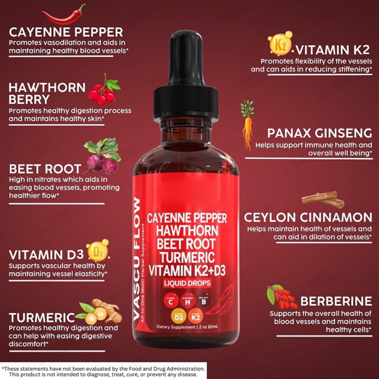 Cayenne Pepper Complex Liquid Drops 60ml, Hawthorn, Beet Root, Turmeric with Vitamin K2 & D3, All-in-One Herbal Heart & Circulation Support Vitamin Supplement