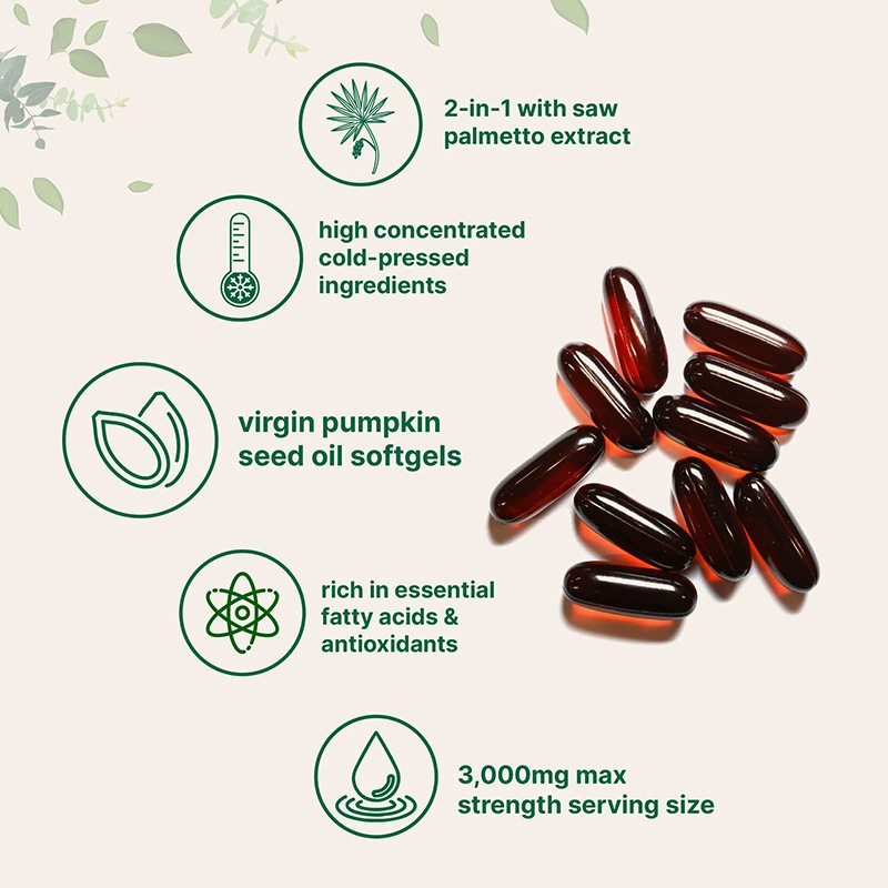 Cold Pressed Virgin Pumpkin Seed Oil Softgels with Saw Palmetto, 3000mg Per Serving, Prostate & Urinary Tract Support, Gluten Free GMO Free Lab Tested 180 Softgels Dietary Supplement