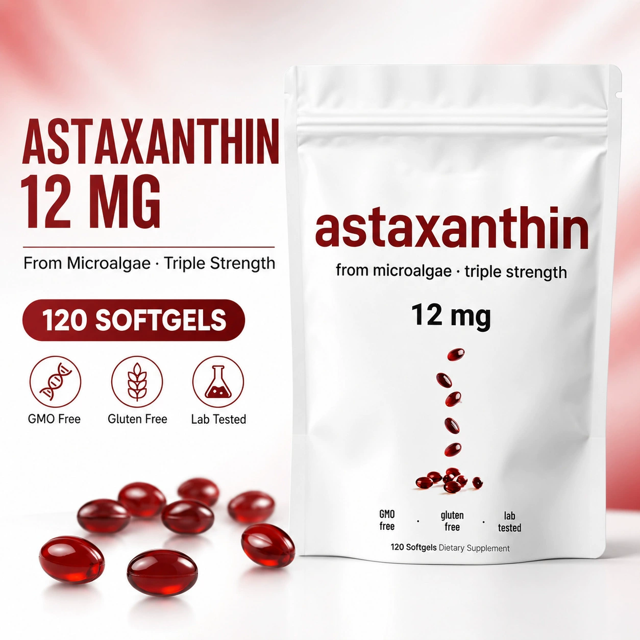 Triple Strength Astaxanthin Softgels 12mg, Natural Source from Microalgae, Powerful Antioxidant Support, GMO Free Gluten Free Lab Tested 120 Softgels Dietary Supplement