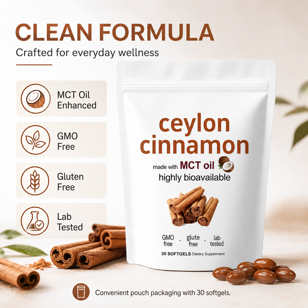 Ceylon Cinnamon Softgels with MCT Oil, Highly Bioavailable Cinnamon Supplement, GMO Free Gluten Free Lab Tested 300 Softgels Dietary Supplement